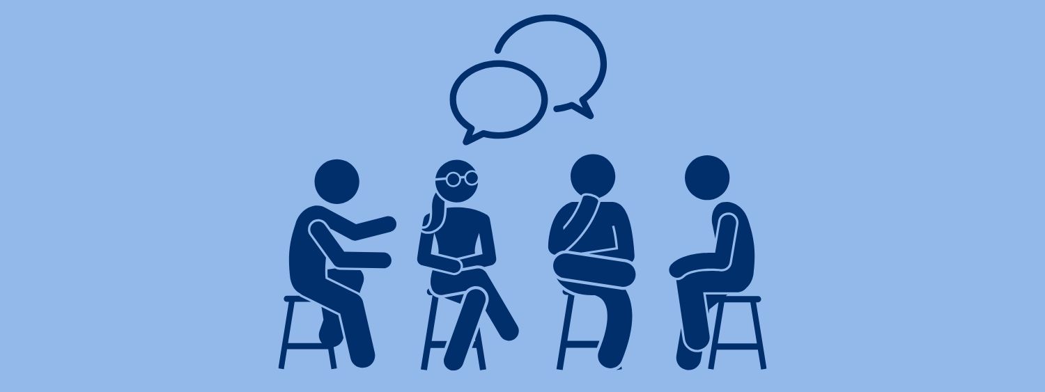 Graphic of four diverse people sitting on stools in discussion, with speech bubbles above their heads