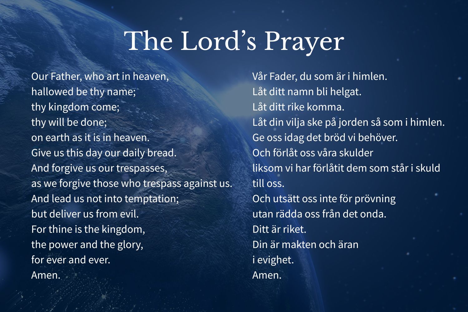 The Lord's prayer in Swedish and English. Click to view in PDF