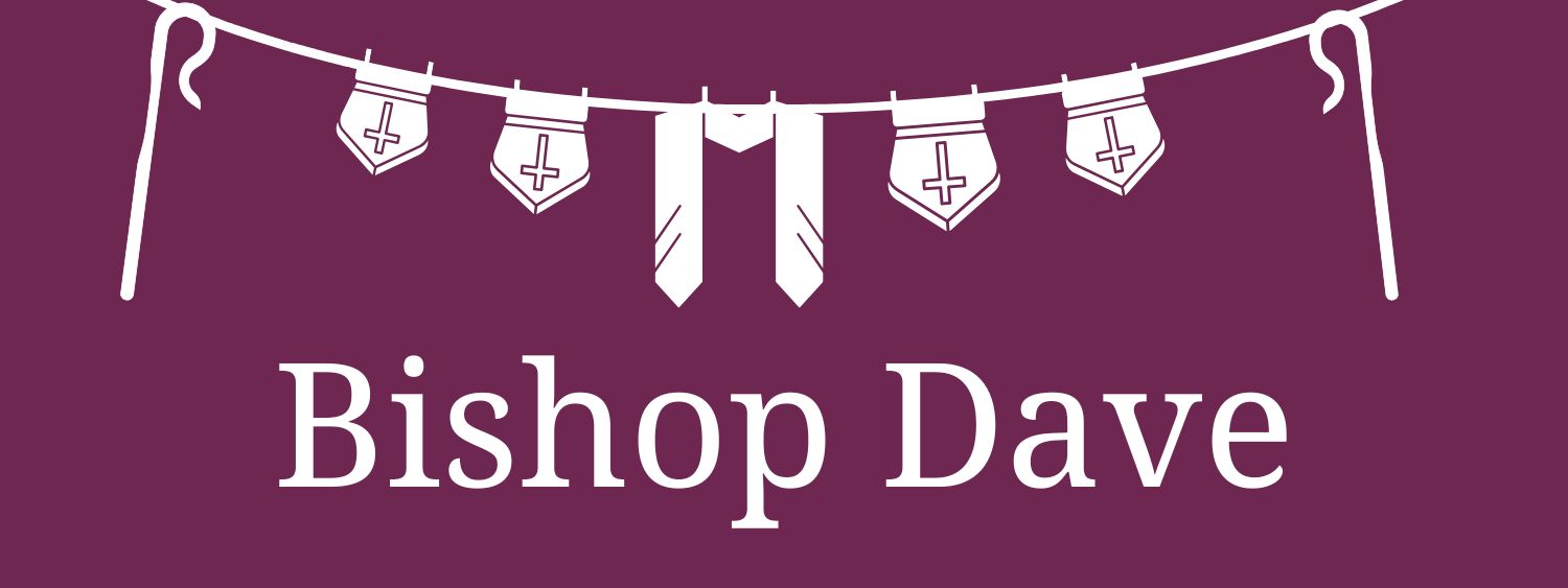 Bishop Dave banner with a washing line illustration holding up four mitres and a bishop's stole