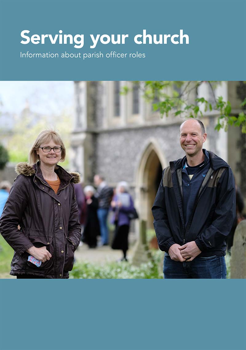 Serving your church document cover. A photo of two people smiling outside their church building. Text reads Serving your church, Information about parish officer roles