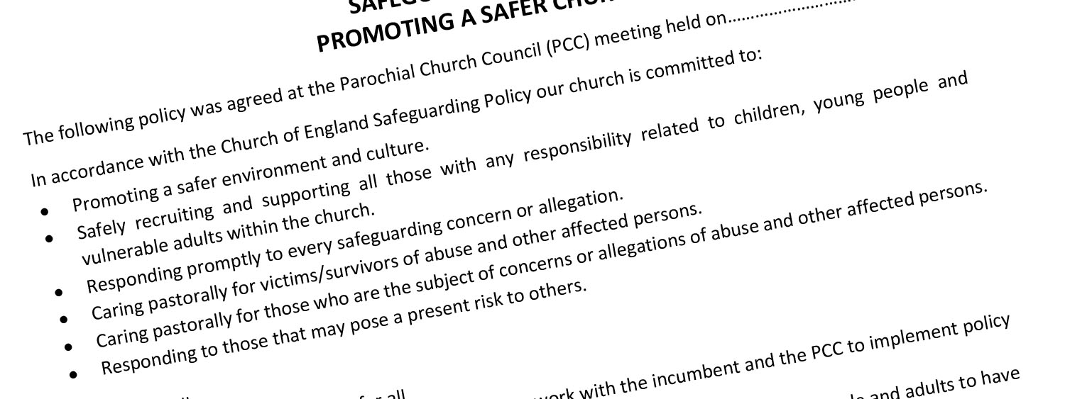 Close up of one section of a safeguarding policy, read text on page below.