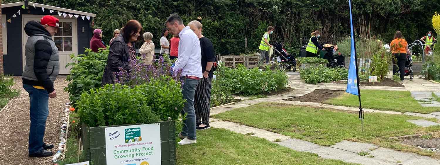 Groups of people walk through a garden. At the front of the photo, next to a sign saying Community Food Growing Project, a group of adults speak to each other whilst looking at some plants. In the background some guests in prams and wheelchairs explore the garden