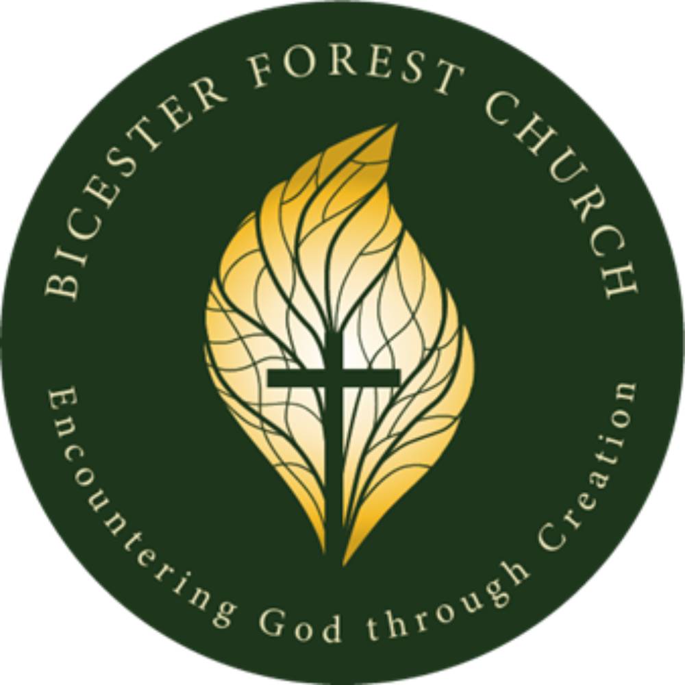 Dark green logo with gold leaf and crucifix, text reads: Bicester Forest Church Encountering God through Creation