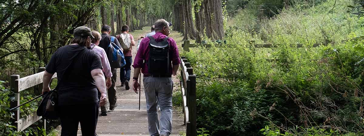 Bishop Steven and others walk over a bridge in a beautiful green space in Milton Keynes